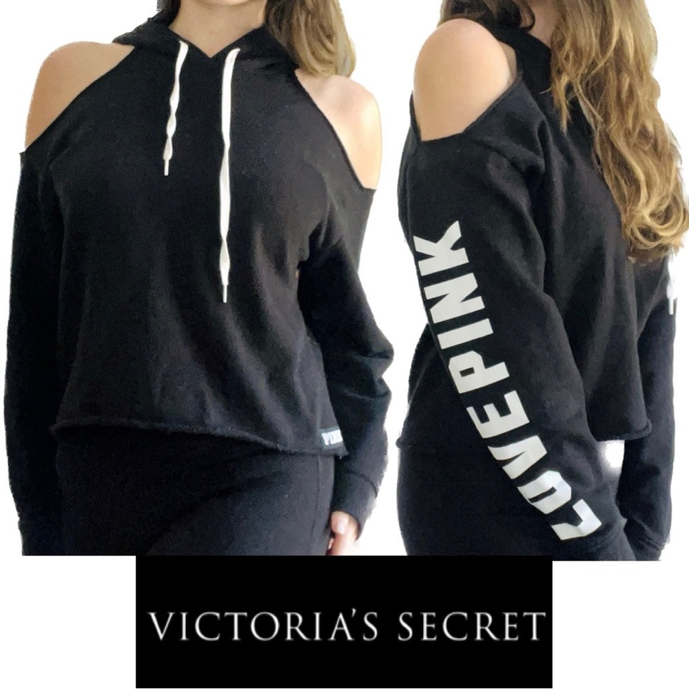 VS PINK | Cold Shoulder Crop Hoodie Sweatshirt